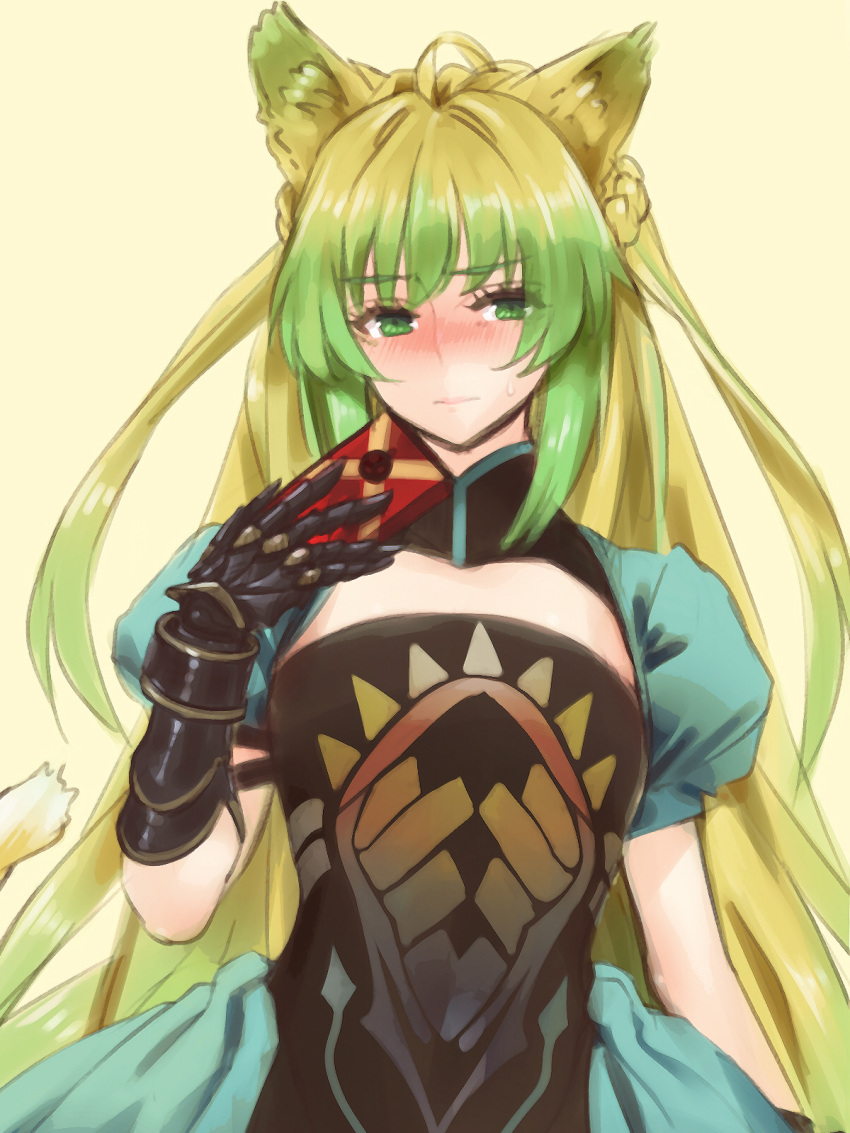 1girl ahoge animal_ears atalanta_(fate) blonde_hair blush chocolate dress fate/apocrypha fate_(series) gauntlets gradient_hair green_eyes green_hair hayama_kazusa highres long_hair multicolored_hair tail valentine yellow_background