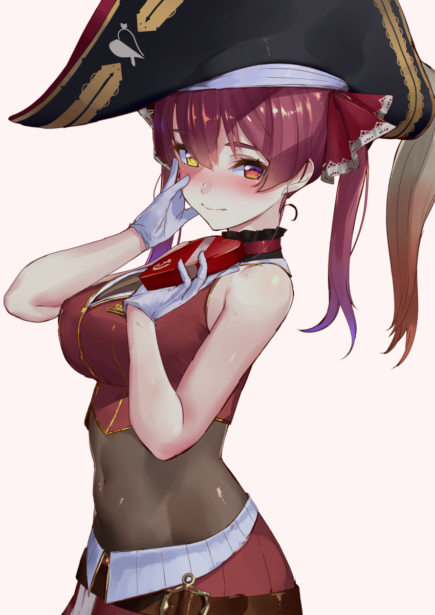 1girl absurdres akasaai bare_arms bare_shoulders belt black_headwear bodysuit breasts commentary_request covered_navel crop_top gloves gold_trim hand_on_own_cheek hand_up hat heterochromia highres holding hololive houshou_marine long_hair looking_at_viewer medium_breasts midriff pirate_hat red_eyes red_hair red_shirt see-through shirt simple_background sleeveless sleeveless_shirt solo stomach twintails upper_body valentine virtual_youtuber white_background white_gloves yellow_eyes