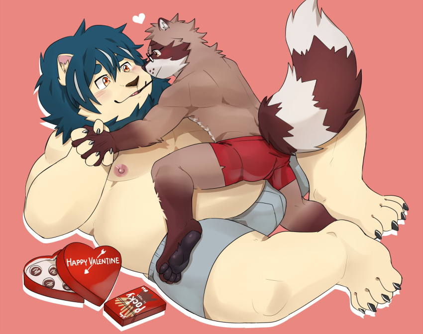 &lt;3 2020 anthro belly blush bulge butt candy chocolate clothing duo felid food hi_res holidays humanoid_hands lion male male/male mammal moobs nipples overweight overweight_male pantherine pocky procyonid raccoon ratontheraccoon simple_background sitting underwear valentine's_day