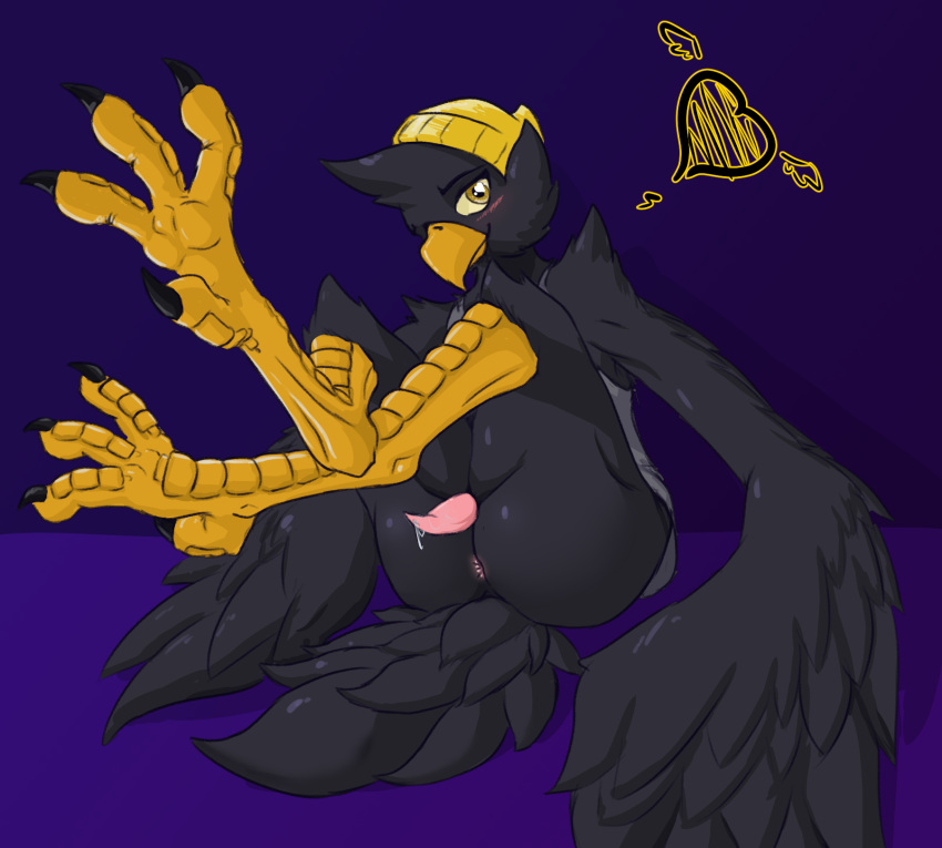 &lt;3 4_toes anisodactyl anus avian beak beanie bird bird_feet blush butt clothing corvid father_hill feathers foot_focus genitals hat headgear headwear hi_res leaking_pre male nude penis presenting tapering_penis toes wings yellow_sclera