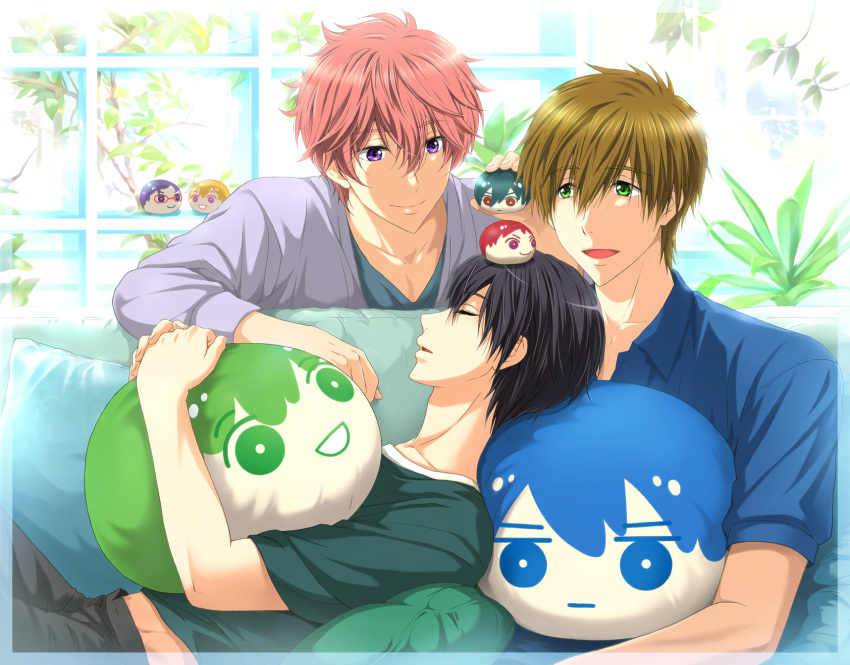 3boys :d black_hair character_doll couch free! green_eyes hazuki_nagisa highres lying male_focus multiple_boys nanase_haruka_(free!) on_back on_couch open_mouth pillow pink_hair purple_eyes ryuugazaki_rei shigino_kisumi sitting sleeping smile tachibana_makoto