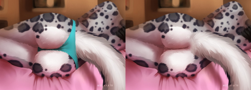 2019 anthro butt clothing felid female fluffy fluffy_tail fur genitals grey_body grey_fur inside leopard_spots lying mammal medaya nude on_side pantherine panties pussy snow_leopard solo spots spotte_fur underwear white_body white_fur