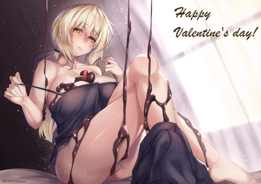 1girl bangs black_negligee breasts chocolate_syrup cleavage curtains english_commentary fate/apocrypha fate/grand_order fate_(series) hirasawa_seiji jeanne_d'arc_(alter)_(fate) jeanne_d'arc_(fate)_(all) large_breasts on_bed panties pants_around_one_leg short_hair silver_hair solo tsurime underwear valentine white_panties window yellow_eyes