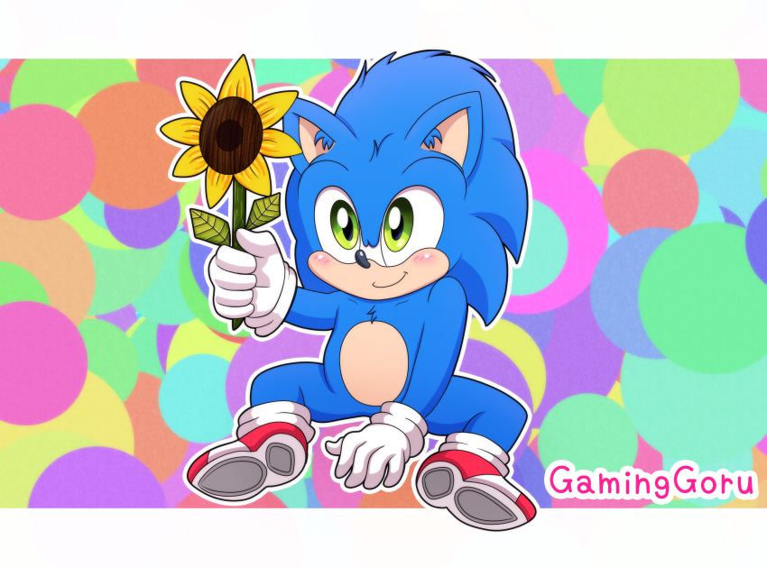 2020 baby blue_body blue_fur blush clothing colorful_background eulipotyphlan flower footwear fur gaminggoru gloves green_eyes handwear hedgehog hi_res holding_(disambiguation) humanoid male mammal movie_(disambiguation) nude paramount_pictures plant sega shoes signature sitting smile sonic_the_hedgehog sonic_the_hedgehog_(film) sonic_the_hedgehog_(series) sunflower video_games young