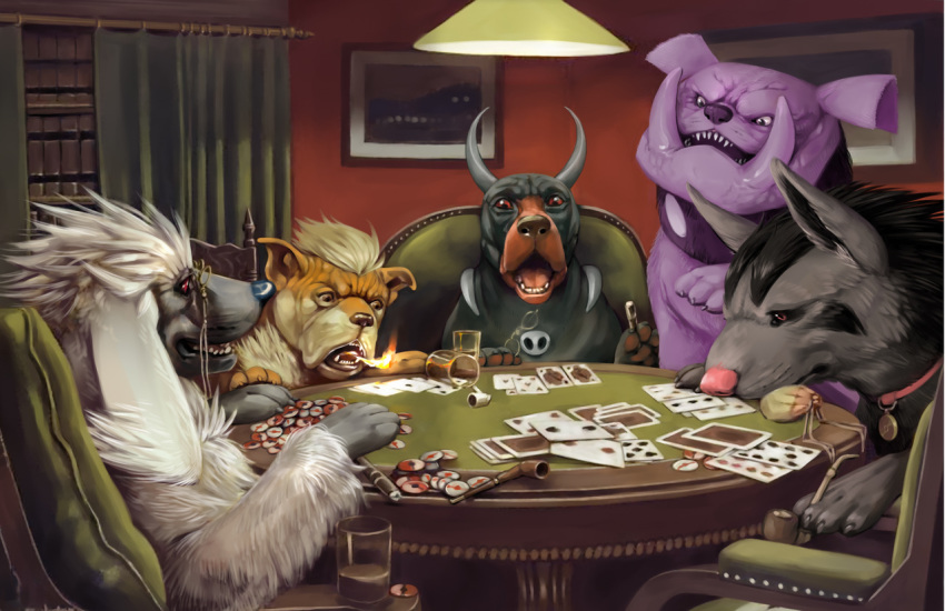 card commentary cup curtains dog dog_focus drinking_glass english_commentary fine_art_parody furfrou gen_1_pokemon gen_2_pokemon gen_3_pokemon gen_6_pokemon granbull growlithe horns houndoom indoors madcookiefighter mightyena parody pipe playing_card pokemon poker poker_chip poker_table realistic sharp_teeth sitting table teeth water window