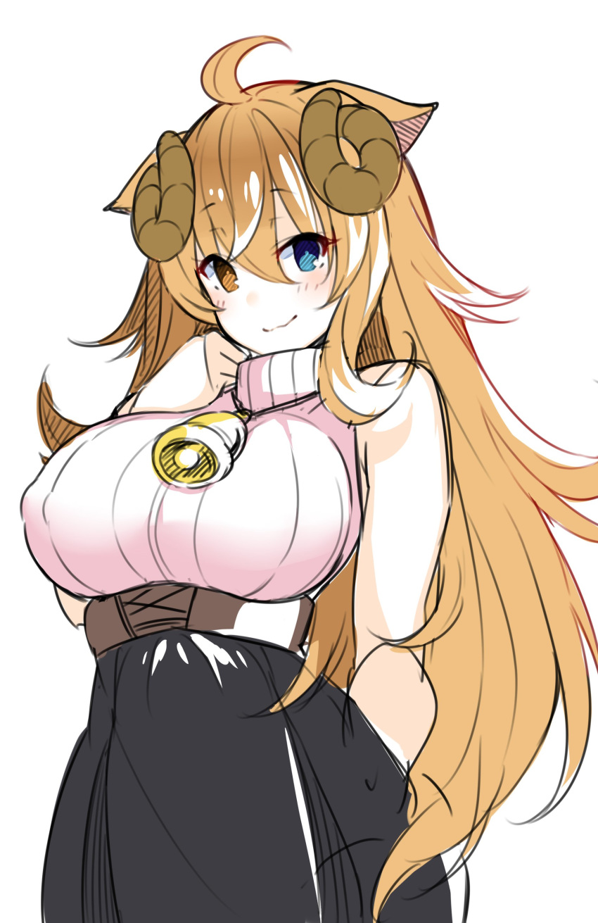 1girl absurdres ahoge animal_ears arm_behind_back bell black_skirt blue_eyes blush breasts brown_eyes brown_hair closed_mouth covered_nipples cow_bell curled_horns ears_down eyebrows_visible_through_hair hair_between_eyes hand_up heterochromia highres large_breasts looking_at_viewer matsunoki_(unknown_751) neck_bell original simple_background skirt smile solo white_background