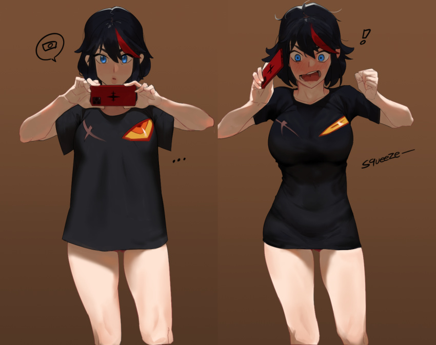 1girl black_hair black_shirt blush breasts brown_background cellphone hirundo_rustica holding holding_phone kill_la_kill matoi_ryuuko mixed-language_commentary multicolored_hair open_mouth phone red_hair senketsu shirt short_hair short_sleeves simple_background smartphone streaked_hair taut_clothes taut_shirt two-tone_hair