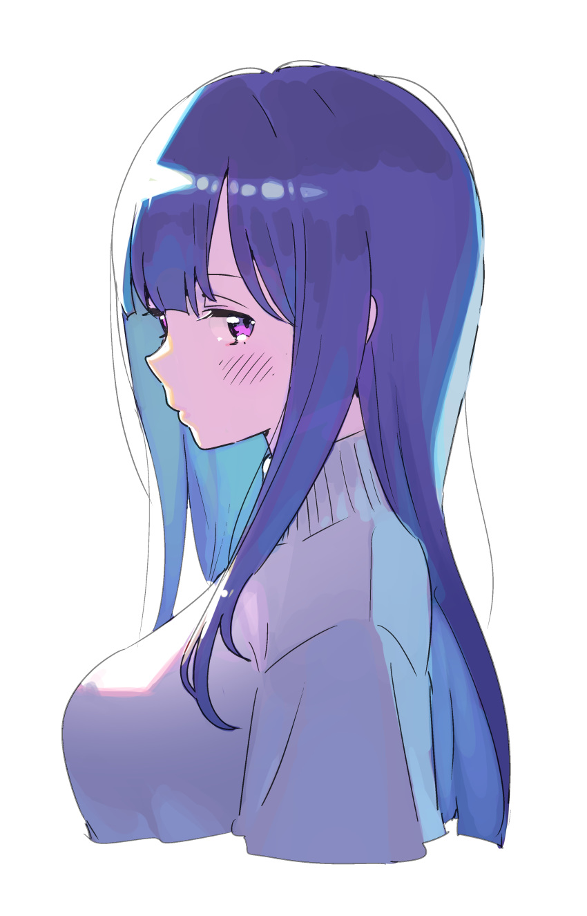 1girl absurdres blue_hair blush breasts closed_mouth cropped_torso from_side grey_sweater highres large_breasts long_hair looking_at_viewer nagisa_kurousagi original purple_eyes simple_background solo sweater white_background