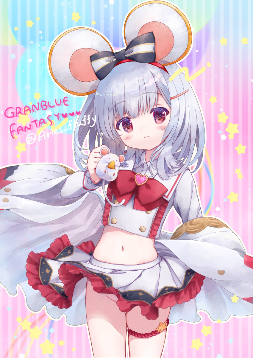 1girl :3 animal animal_ears bangs black_bow blush bow brooch buttons cheese collared_shirt commentary_request copyright_name cowboy_shot crop_top crop_top_overhang eyebrows_visible_through_hair fake_animal_ears food frilled_skirt frills granblue_fantasy groin hair_ornament hairclip heart highres holding holding_animal jewelry long_sleeves looking_at_viewer maruyama_kaori medium_hair midriff mouse mouse_ears multicolored multicolored_background navel no_panties pleated_skirt red_bow red_eyes sailor_collar shirt sidelocks skirt smile solo_focus standing star starry_background striped striped_background striped_bow thigh_strap twitter_username vikala_(granblue_fantasy) white_sailor_collar white_shirt white_skirt wide_sleeves wind wind_lift