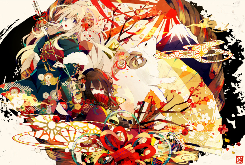 2girls arrow big_hair blonde_hair blue_kimono branch brown_hair fan folding_fan hair_ornament hamaya holding holding_fan japanese_clothes kimono long_hair looking_at_viewer mount_fuji multiple_girls obi original parted_lips purple_eyes red_eyes red_sash rising_sun sash satsuki_(miicat) short_hair sunburst tassel