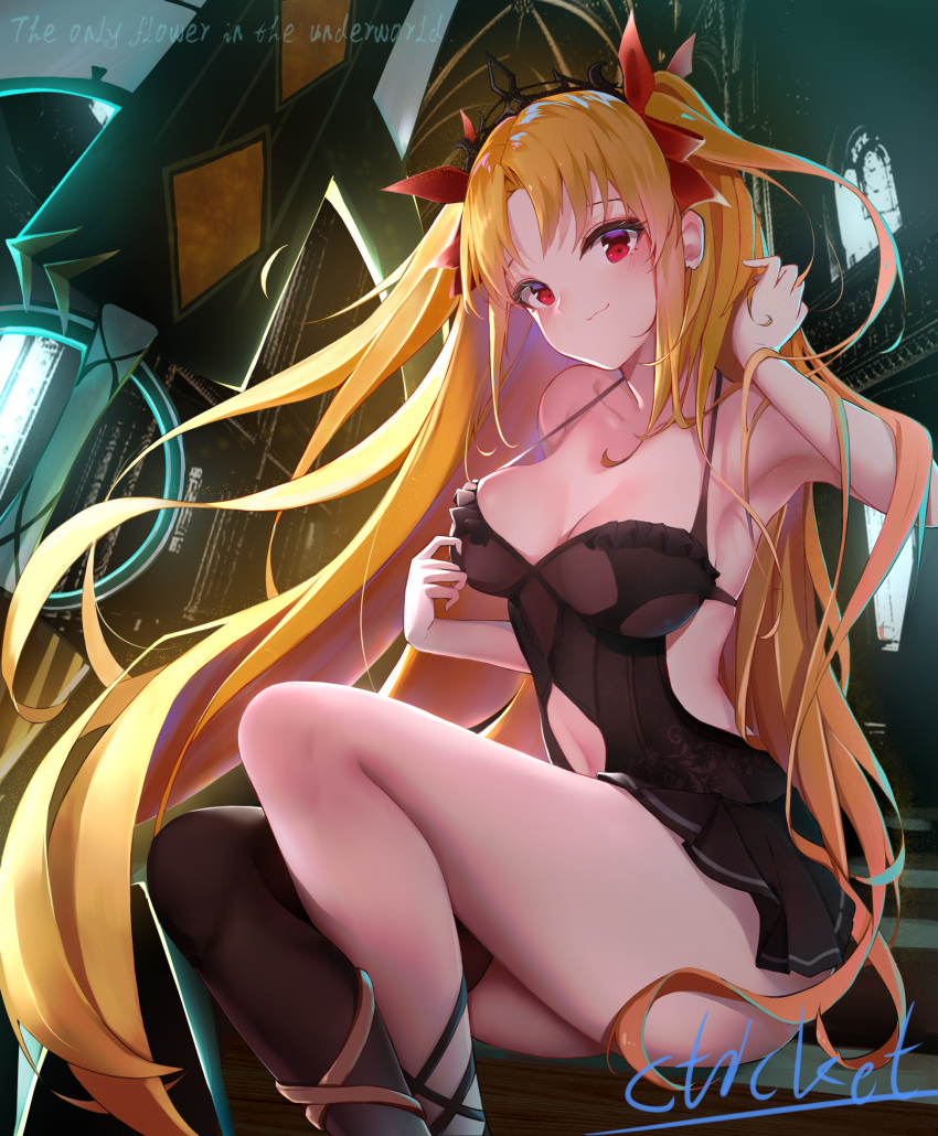 1girl artist_name bangs bare_arms bare_shoulders black_dress black_legwear black_skirt blonde_hair blush breasts cleavage closed_mouth collarbone cticket dress english_text ereshkigal_(fate/grand_order) eyelashes fate/grand_order fate_(series) hair_ribbon halter_top halterneck hands_up head_tilt highres indoors long_hair looking_at_viewer medium_breasts microdress navel_cutout parted_bangs pleated_skirt red_eyes red_ribbon ribbon sidelocks single_thighhigh sitting skindentation skirt sleeveless sleeveless_dress solo thighhighs tiara two_side_up very_long_hair
