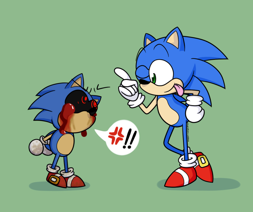 2020 angry anthro black_sclera blood blue_body bodily_fluids bubble cel_shading clothing cross-popping_vein crying_blood dialogue digital_media_(artwork) duo eulipotyphlan footwear gloves handwear hedgehog hi_res mammal mouthless negaposi one_eye_closed pictographics sega shaded shoes simple_background smile smirk sonic.exe sonic_the_hedgehog sonic_the_hedgehog_(series) standing symbol toony vein video_games wink