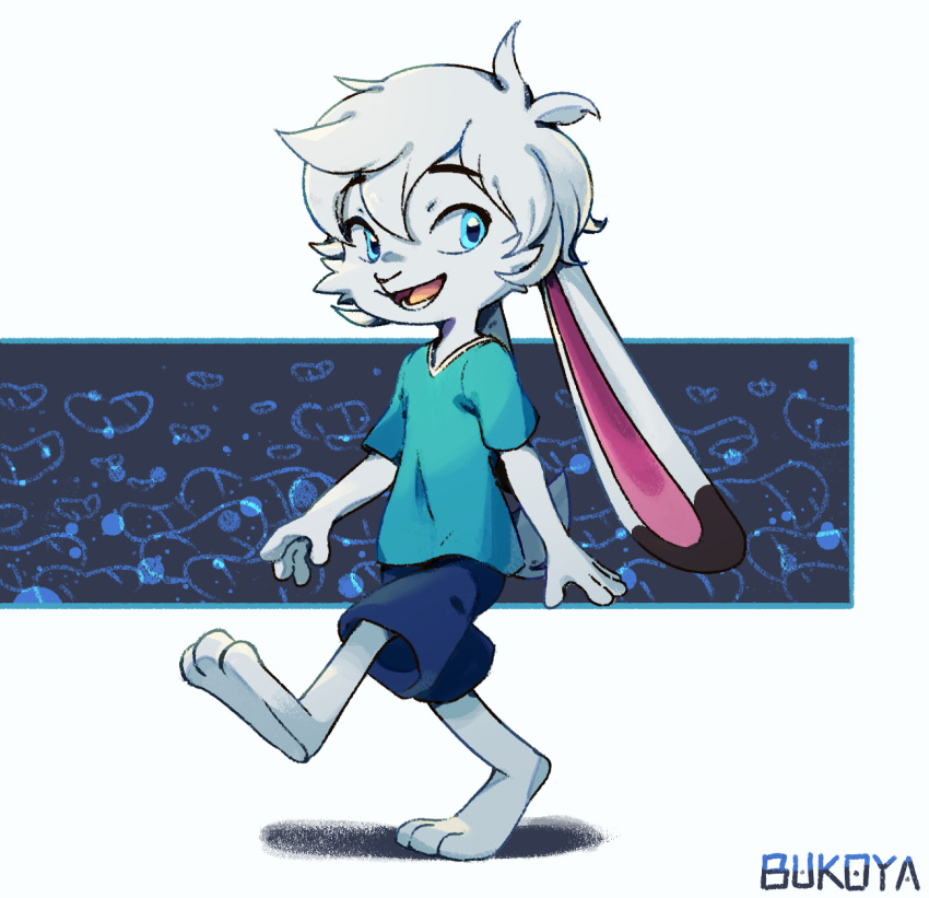 2019 anthro barefoot blue_eyes bottomwear bukoya-star cheek_tuft clothed clothing dipstick_ears facial_tuft fully_clothed hi_res lagomorph leporid mammal multicolored_ears open_mouth open_smile rabbit shirt shorts smile solo t-shirt topwear tuft walking