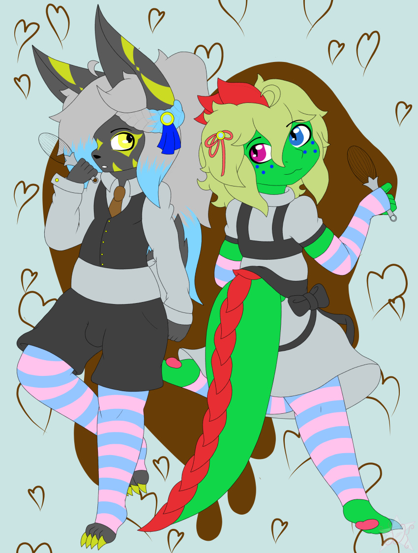 &lt;3 2020 3_toes 4_toes 5_fingers :3 absurd_res accessory ahoge anthro anubian_jackal anubis_(yashak) armwear black_bottomwear black_clothing black_shirt black_topwear blonde_hair blue_eyes blue_hair blue_spots bottomwear braided_hair canid canine canis claws clothed clothing digital_media_(artwork) dress facial_markings fingers fur green_body green_scales grey_body grey_fur grey_hair hair hair_accessory head_crest head_markings heterochromia hi_res inner_ear_fluff jackal kitchen_utensils legwear maid_uniform male mammal markings messy_hair multicolored_hair naga_(yashak) necktie pawpads ponytail purple_eyes reptile ribbons scales scalie shirt simple_background smile snake spots standing teal_claws teeth toes tools topwear tuft two_tone_hair uniform watermark white_clothing white_shirt white_topwear yashak_(artist) yellow_claws yellow_eyes yellow_markings