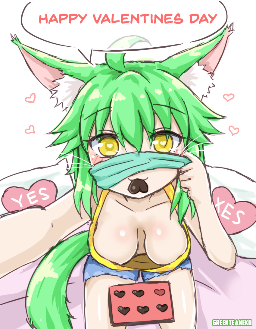 1girl :3 absurdres ahoge animal_ear_fluff animal_ears artist_name bangs blue_shorts blush breasts camisole candy cat_ears cat_girl cat_tail chocolate chocolate_heart closed_mouth commentary_request downblouse eyebrows_visible_through_hair food food_in_mouth green_hair greenteaneko greenteaneko-chan hair_between_eyes happy_valentine heart heart-shaped_pupils highres lifted_by_self mask_lift medium_breasts mouth_hold original reaching_out self_shot short_shorts shorts sitting solo surgical_mask symbol-shaped_pupils tail valentine yellow_camisole yellow_eyes yes yes-no_pillow