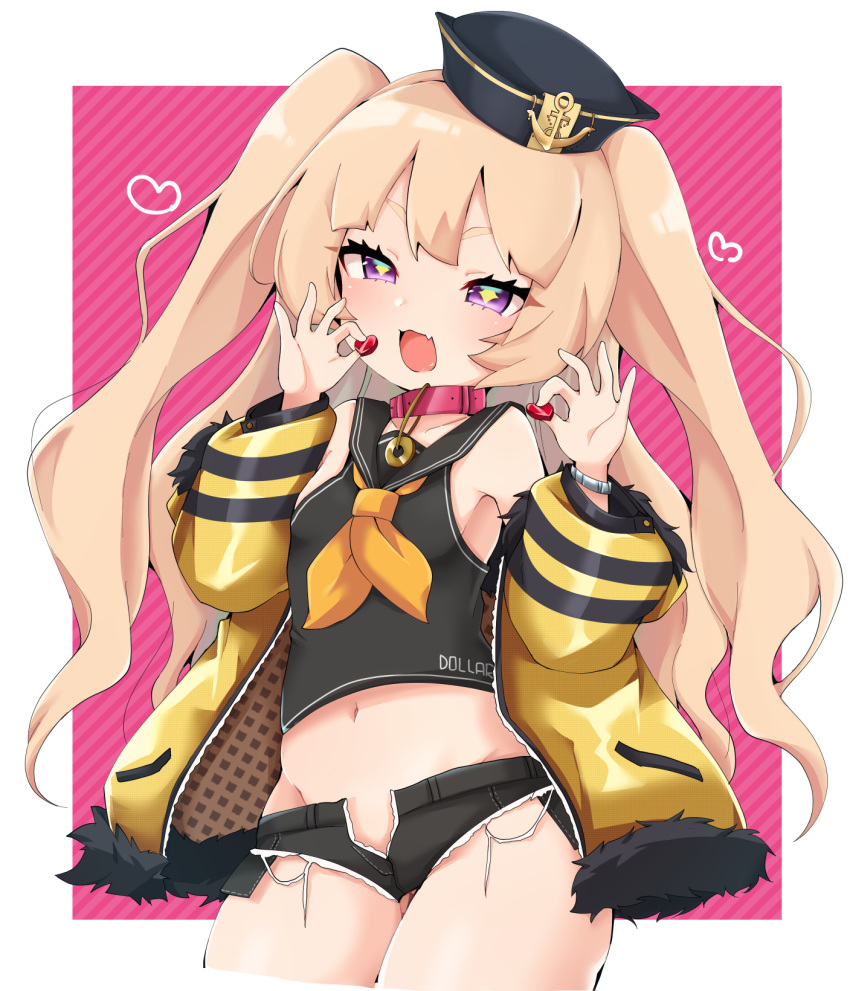 +_+ 1girl :d azur_lane bache_(azur_lane) bare_shoulders black_headwear black_sailor_collar black_shirt black_shorts blush breasts collar commentary_request crop_top cropped_legs diagonal-striped_background diagonal_stripes fang fur-trimmed_jacket fur_trim groin hana_(tmtmrgrgtrg) hat heart highres holding holding_heart jacket light_brown_hair long_hair long_sleeves looking_at_viewer micro_shorts midriff navel neckerchief open_clothes open_fly open_jacket open_mouth open_shorts orange_neckwear puffy_long_sleeves puffy_sleeves purple_eyes red_collar sailor_collar shirt shorts sleeveless sleeveless_shirt small_breasts smile solo striped striped_background two_side_up very_long_hair yellow_jacket