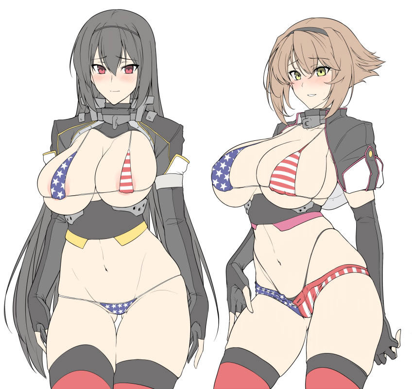 2girls alternate_costume american_flag american_flag_print areola_slip areolae bangs bikini_top black_hair black_legwear black_panties blush breasts brown_hair closed_mouth elbow_gloves eyebrows_visible_through_hair flag_print gloves hair_between_eyes hairband harukon_(halcon) highleg highleg_panties highres huge_breasts kantai_collection large_breasts long_hair looking_at_viewer micro_shorts multiple_girls mutsu_(kantai_collection) nagato_(kantai_collection) navel panties partly_fingerless_gloves red_eyes short_hair shorts simple_background thighhighs underwear white_background white_shorts yellow_eyes