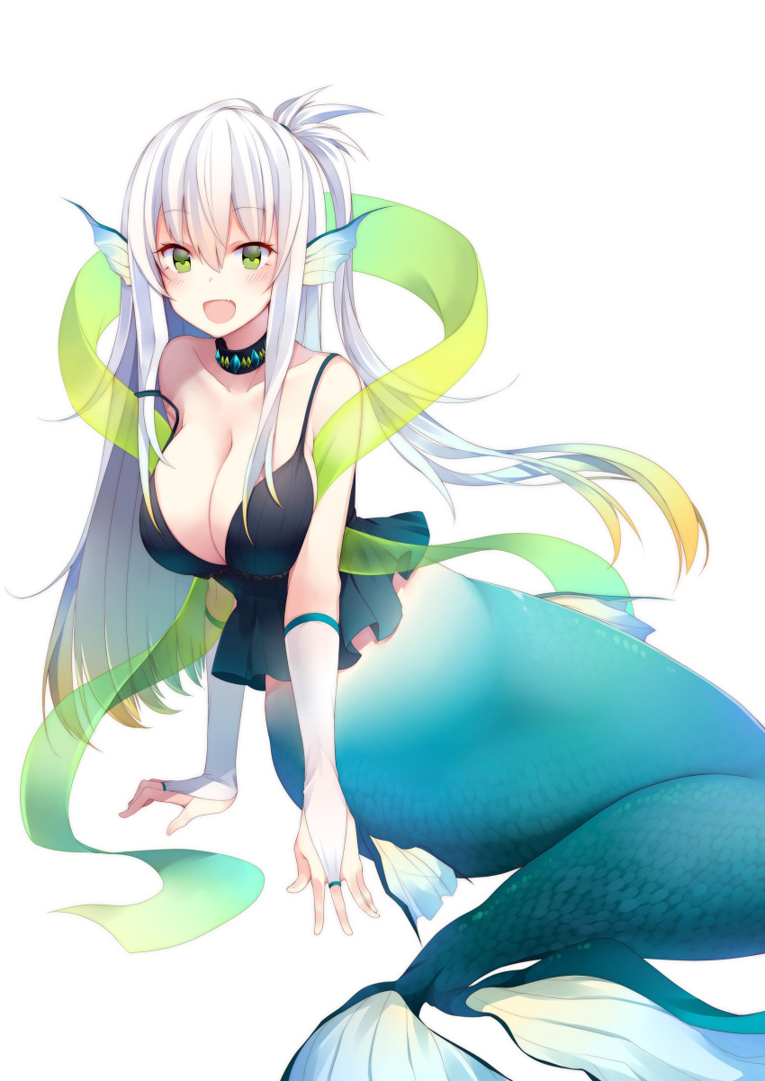 :d absurdres black_camisole black_choker blush breasts bridal_gauntlets choker cleavage fang gloves green_eyes hair_between_eyes head_fins highres large_breasts long_hair looking_at_viewer matsunoki_(unknown_751) mermaid monster_girl one_side_up open_mouth original revision simple_background skin_fang smile white_background white_gloves white_hair