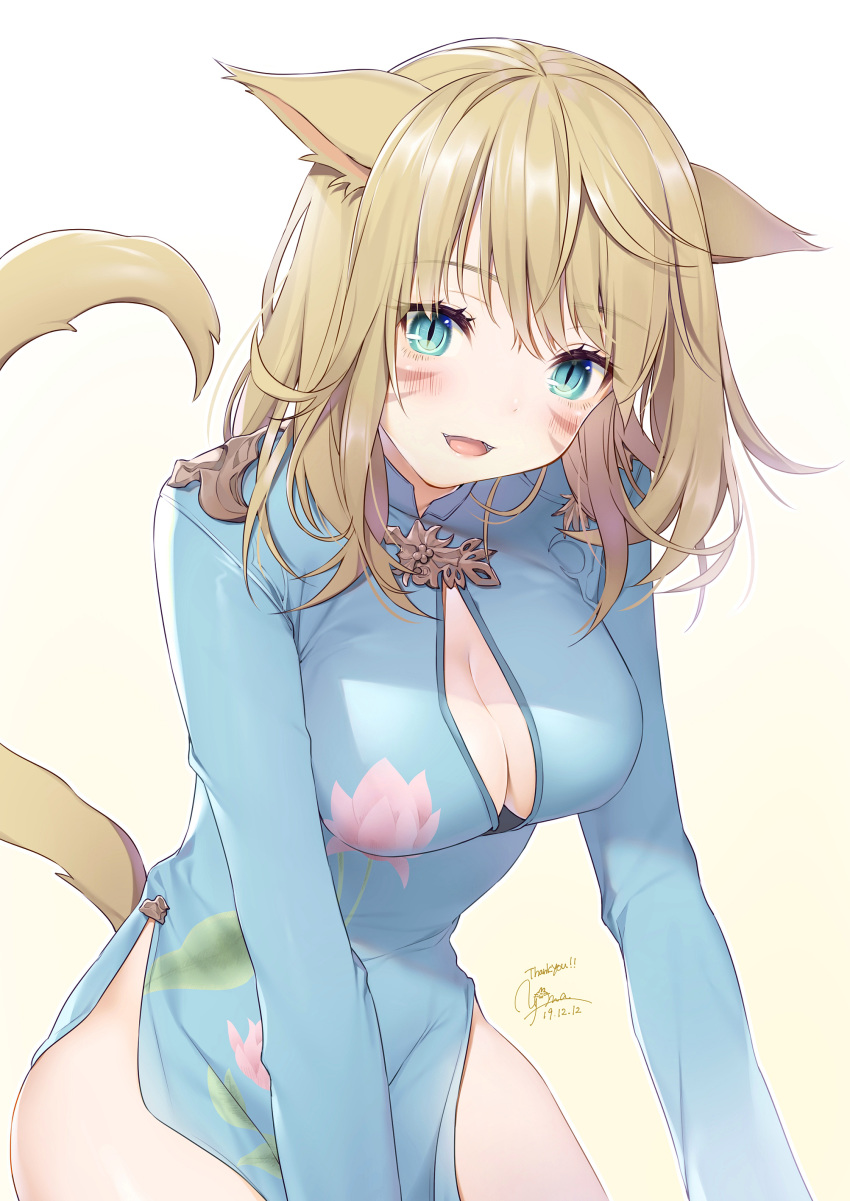 1girl :d absurdres animal_ears bangs blonde_hair blue_dress blue_eyes blush breasts cat_ears cat_tail china_dress chinese_clothes cleavage cleavage_cutout dated dress eyebrows_visible_through_hair facial_mark final_fantasy final_fantasy_xiv hair_between_eyes highres long_hair long_sleeves medium_breasts miqo'te open_mouth shiny shiny_hair short_dress signature simple_background slit_pupils smile solo tail white_background yana_mori