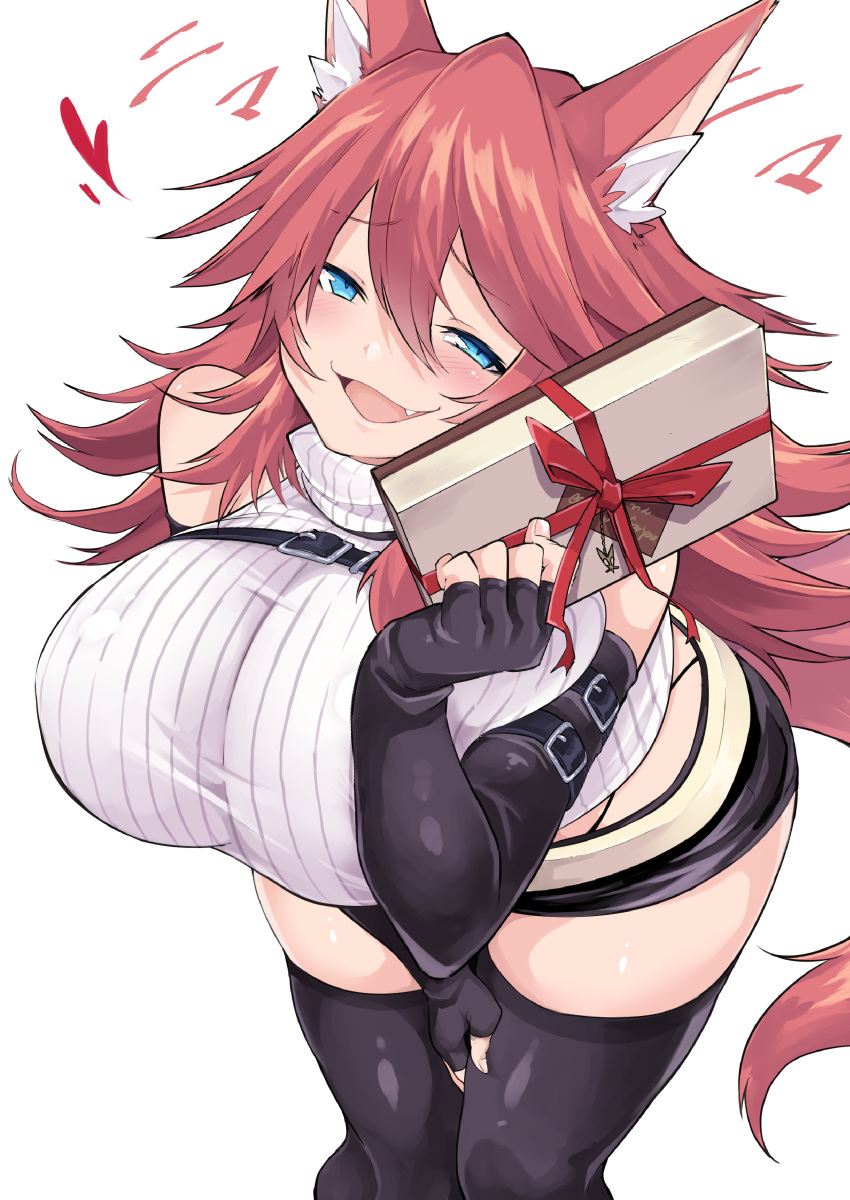 1girl absurdres animal_ears bare_shoulders belt blue_eyes blush box breasts elbow_gloves fang fingerless_gloves firo_(shun_soku) fox_ears gloves heart highres large_breasts midriff original red_hair ribbed_sweater short_shorts shorts shun_soku smug solo sweater thighhighs turtleneck valentine