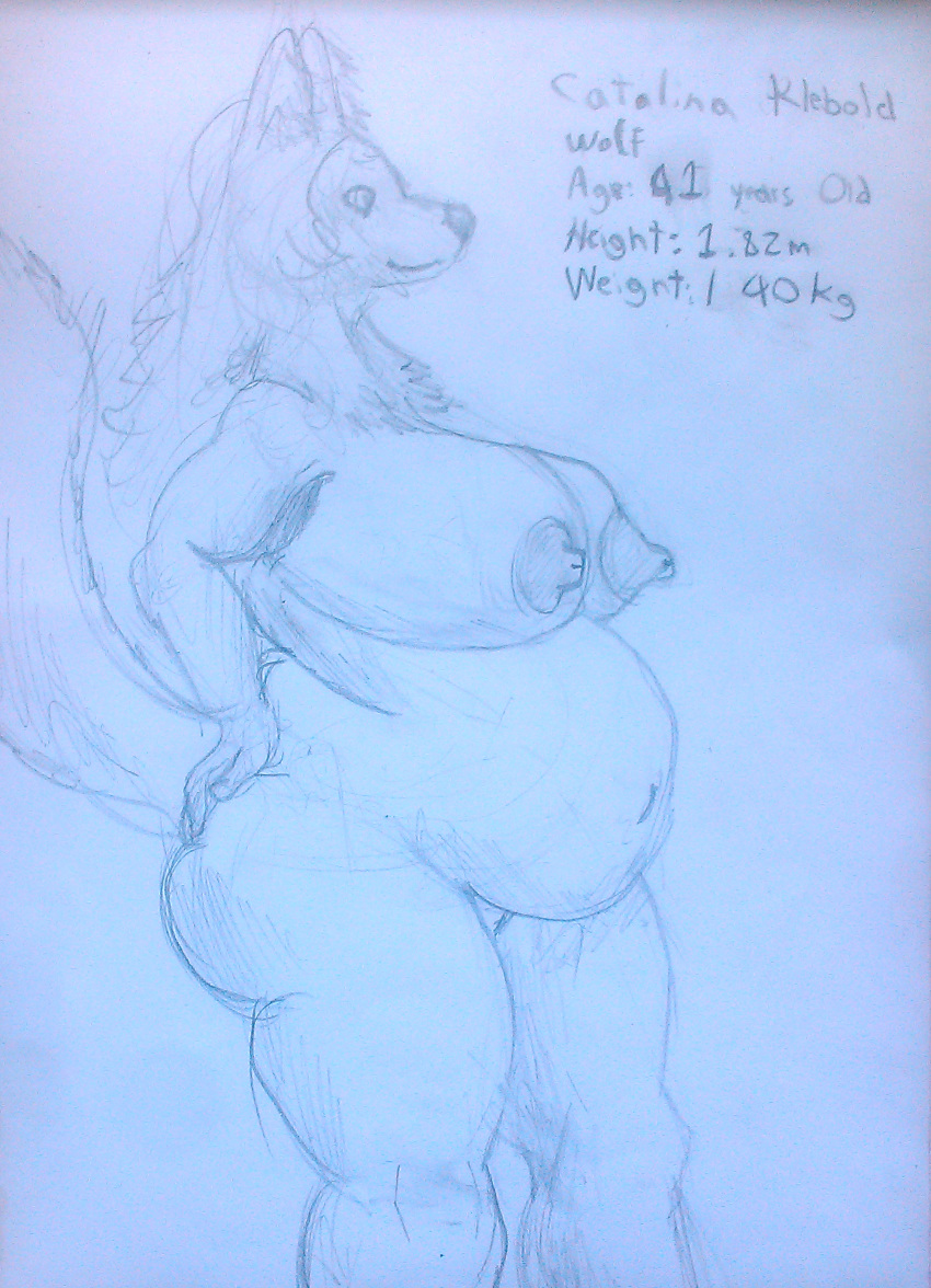 absurd_res anthro belly big_belly big_breasts breasts butt canid canine canis female hair hi_res liamjackal long_hair mammal nude obese overweight simple_background smile solo thick_thighs traditional_media_(artwork) white_background wolf