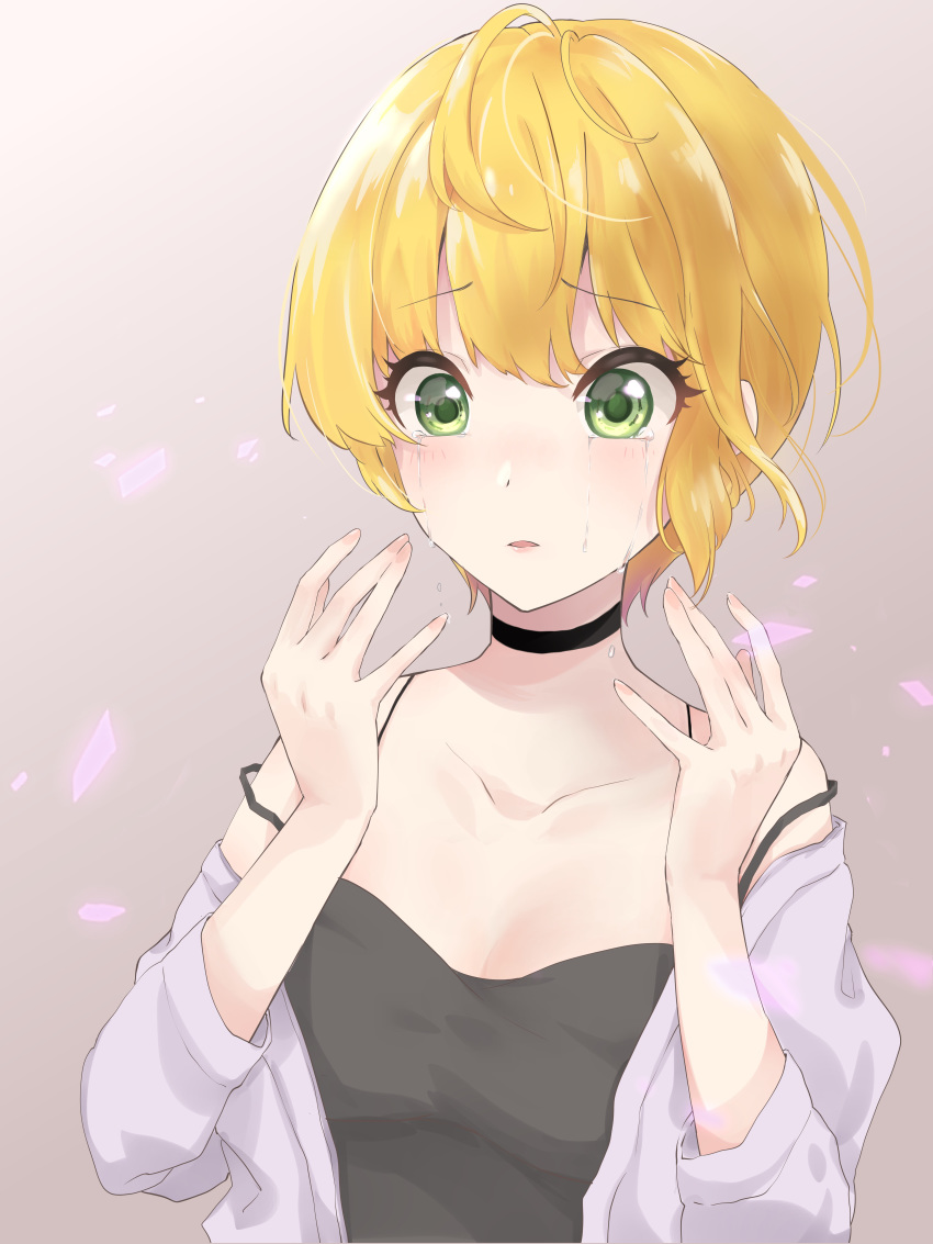 1girl :0 absurdres bangs black_neckwear black_tank_top blonde_hair blush breasts choker cleavage collarbone crazy_crazy_(idolmaster) crying crying_with_eyes_open eyebrows_visible_through_hair green_eyes hands_up highres idolmaster idolmaster_cinderella_girls jacket lavender_background lavender_jacket medium_breasts miyamoto_frederica nail_polish open_clothes open_jacket open_mouth petals risu_mikap short_hair simple_background solo strap_slip tank_top tearing_up tears upper_body