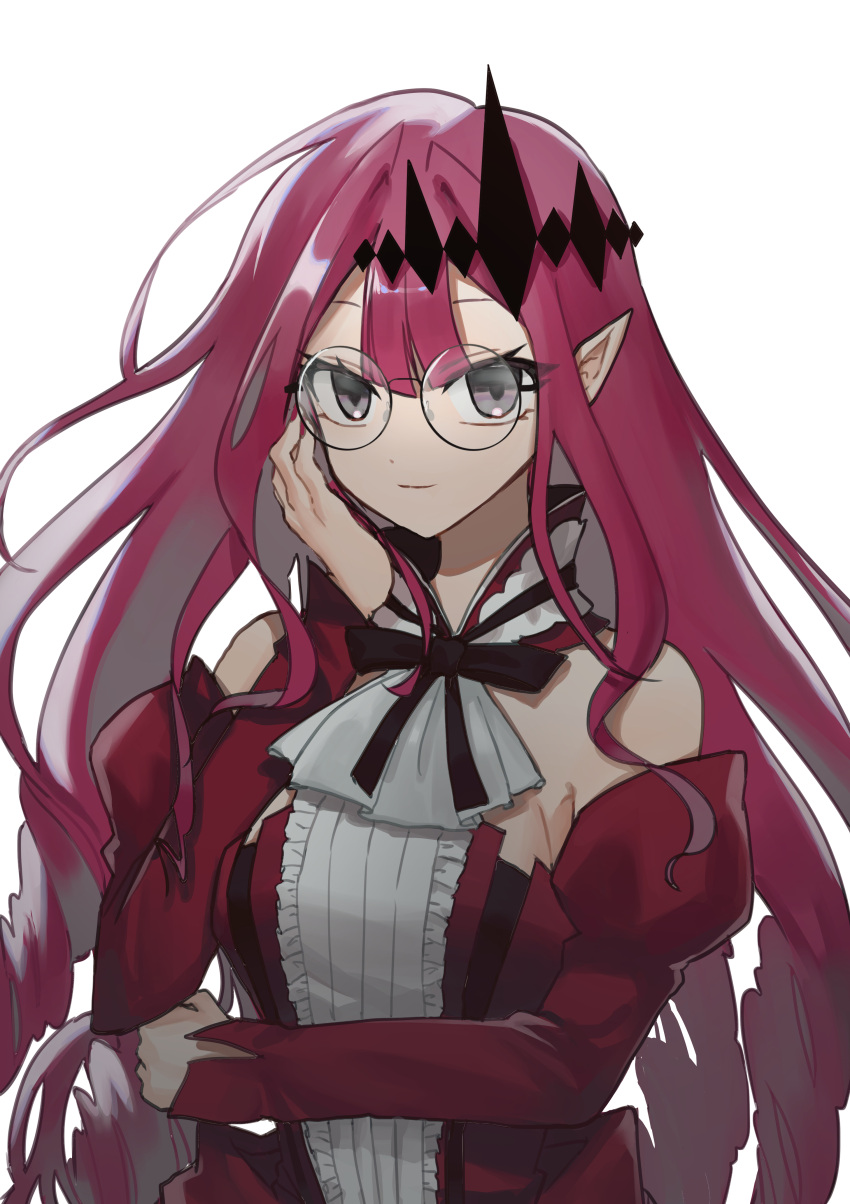 1girl absurdres adjusting_eyewear ascot bangs bare_shoulders black_headwear black_neckwear black_ribbon center_frills closed_mouth ddukbaegihunt detached_collar detached_sleeves dress fairy_knight_tristan_(fate) fate/grand_order fate_(series) frills glasses grey_eyes hair_between_eyes hair_ornament highres long_hair looking_at_viewer neck_ribbon pink_hair pointy_ears red_dress red_sleeves ribbon sidelocks simple_background sleeveless sleeveless_dress smile solo strapless strapless_dress tiara upper_body very_long_hair white_background white_neckwear