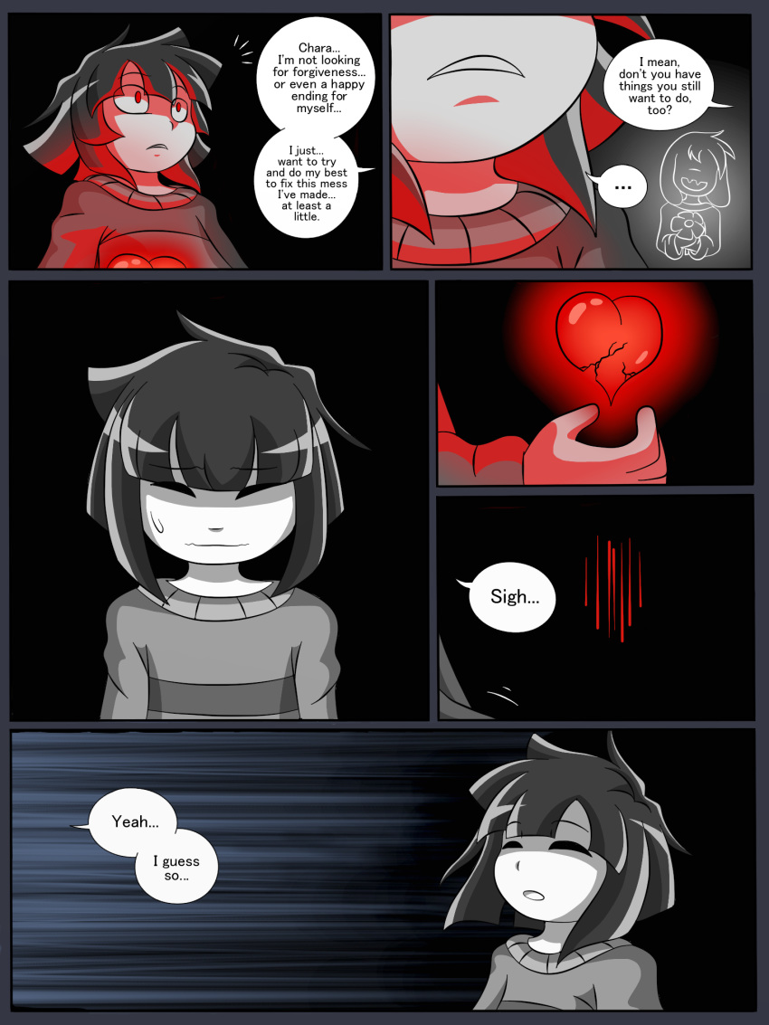 3:4 asriel_dreemurr chara_(undertale) comic dialogue english_text flower hi_res human mammal plant protagonist_(undertale) red_eyes soul taggen96_(artist) text turtleneck undertale video_games