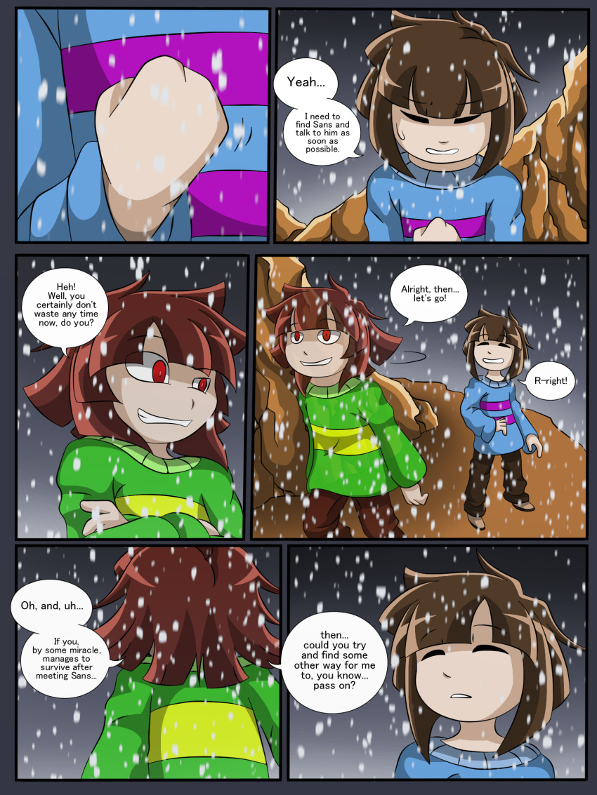 3:4 bodily_fluids chara_(undertale) comic dialogue english_text hi_res human mammal protagonist_(undertale) red_eyes smile snow sweat taggen96_(artist) text turtleneck undertale video_games