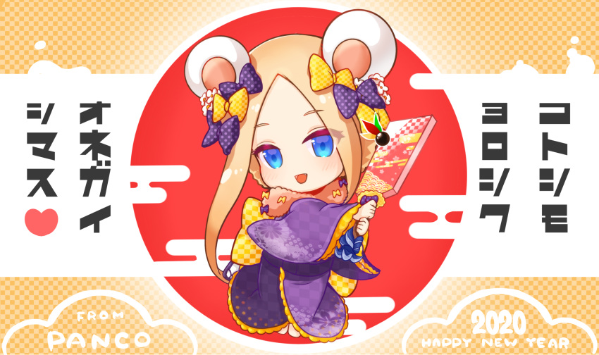 1girl 2020 :d abigail_williams_(fate/grand_order) animal_ears artist_name bangs barefoot blonde_hair blue_eyes blush bow checkered checkered_background checkered_bow checkered_kimono chibi chinese_zodiac commentary_request egasumi eyebrows_visible_through_hair fake_animal_ears fate/grand_order fate_(series) forehead full_body hagoita hair_bow hanetsuki happy_new_year heart highres holding japanese_clothes kimono long_sleeves mouse_ears new_year open_mouth orange_bow paddle panco_neco parted_bangs polka_dot polka_dot_bow purple_bow purple_kimono sidelocks smile solo translation_request two-handed wide_sleeves year_of_the_rat