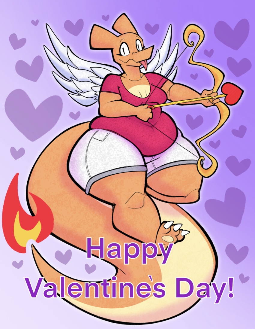 &lt;3 2020 3_toes 4_fingers absurd_res aimbot-jones anthro belly bottomwear bow breasts charizard claws cleavage clothed clothing dragon feathers female fingers fire hi_res holidays looking_at_viewer nintendo non-mammal_breasts overweight overweight_female pawpads pok&eacute;mon pok&eacute;mon_(species) scalie shirt shorts smile solo thick_tail thick_thighs toe_claws toes tongue tongue_out topwear valentina_(aimbot-jones) valentine's_day video_games wide_hips wings