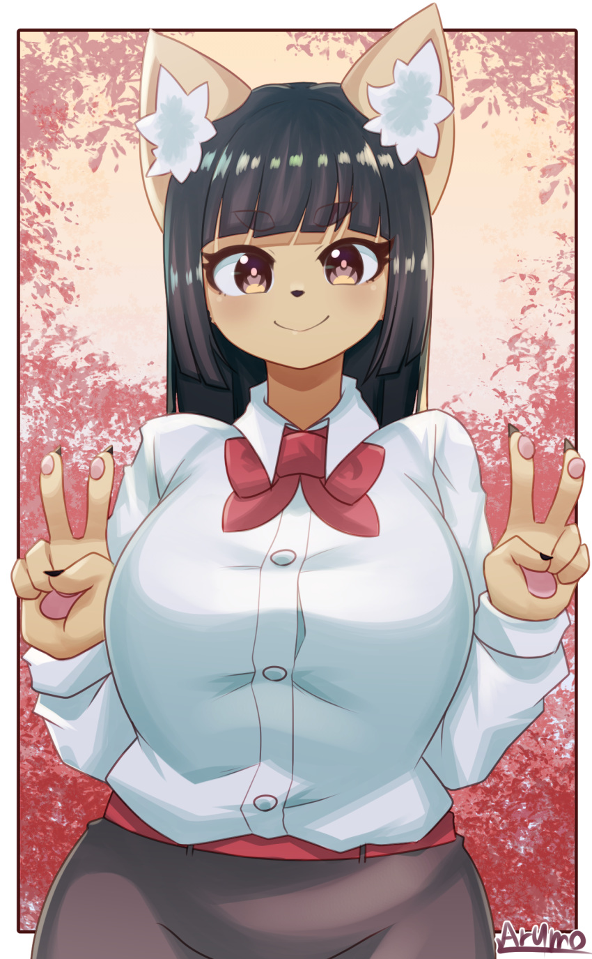 2020 anthro belt black_hair blush breasts canid canine female fox gesture hair half-length_portrait hi_res inner_ear_fluff looking_at_viewer mammal mofumofumachine pawpads portrait ribbons smile solo tuft v_sign