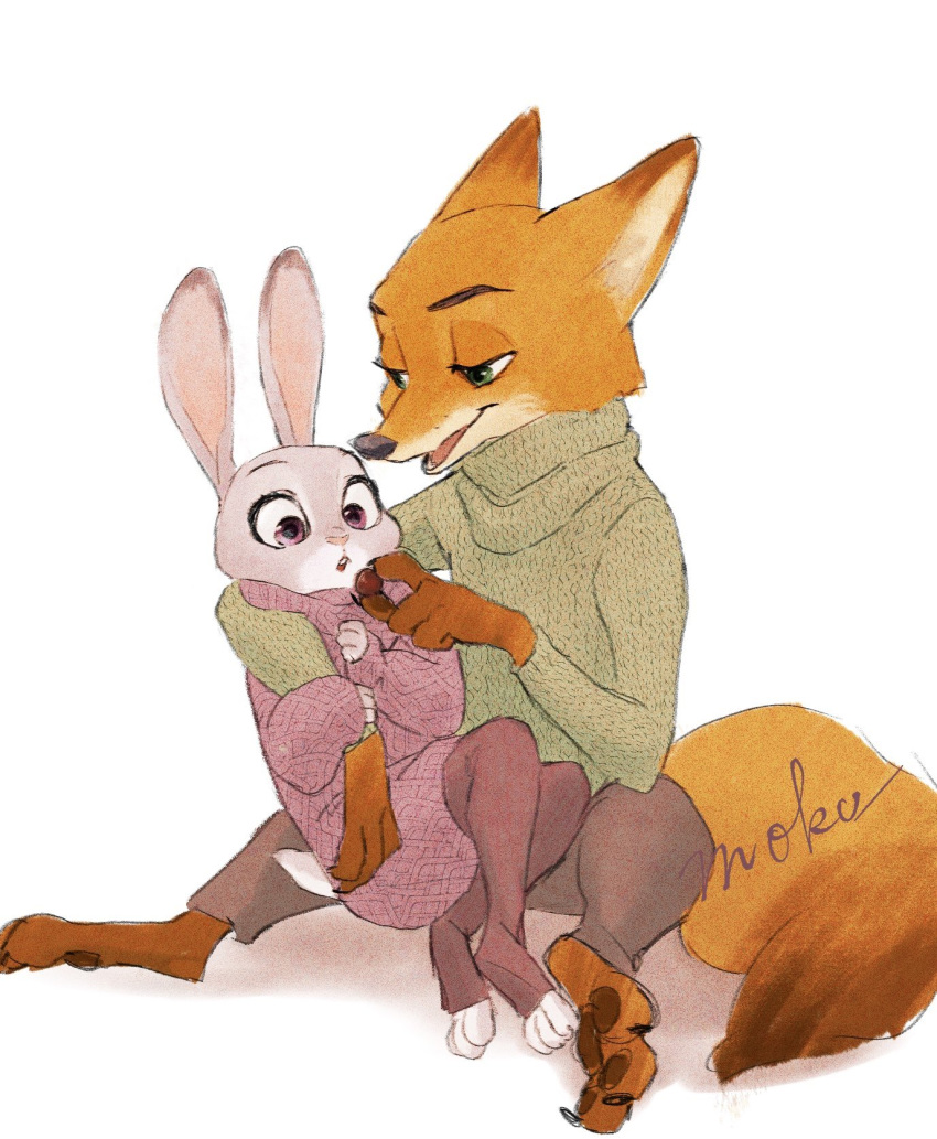 2020 anthro barefoot bottomwear canid canine clothed clothing disney duo food fox fully_clothed fur green_eyes grey_body grey_fur hi_res holding_food holding_object judy_hopps lagomorph leporid mammal monmokamoko nick_wilde open_mouth open_smile orange_body orange_fur pants purple_eyes rabbit red_fox simple_background sitting smile sweater topwear white_background zootopia