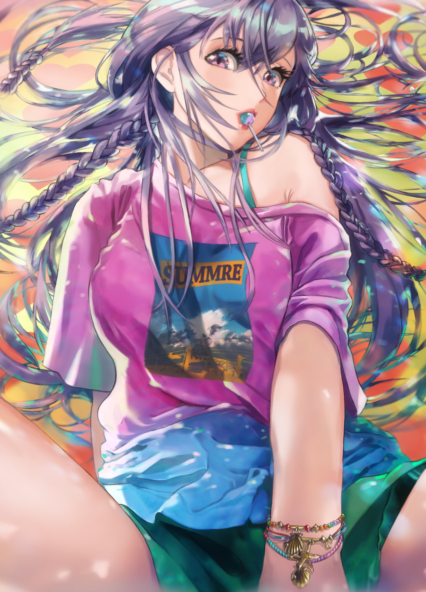 1girl absurdres bare_shoulders bra_strap bracelet braid candy food gradient_shirt highres jewelry lollipop long_hair mouth_hold off-shoulder_shirt off_shoulder original purple_eyes purple_hair shirt shorts solo spread_legs summer twin_braids yurian_(user_utch8788)