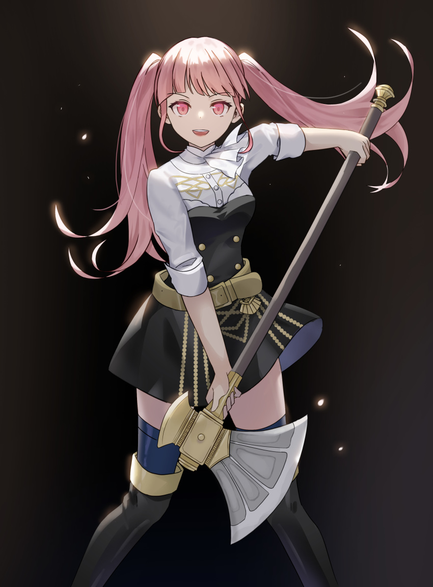 1girl absurdres axe belt black_background black_footwear black_skirt blue_legwear boots breasts coletta_(colet_colettia) cowboy_shot eyebrows_visible_through_hair fire_emblem fire_emblem:_three_houses floating_hair garreg_mach_monastery_uniform high-waist_skirt highres hilda_valentine_goneril light looking_at_viewer medium_breasts neckerchief open_mouth pink_eyes pink_hair short_hair_with_long_locks simple_background skirt sleeves_rolled_up smile solo thigh_boots thighhighs thighhighs_under_boots thighs twintails zettai_ryouiki