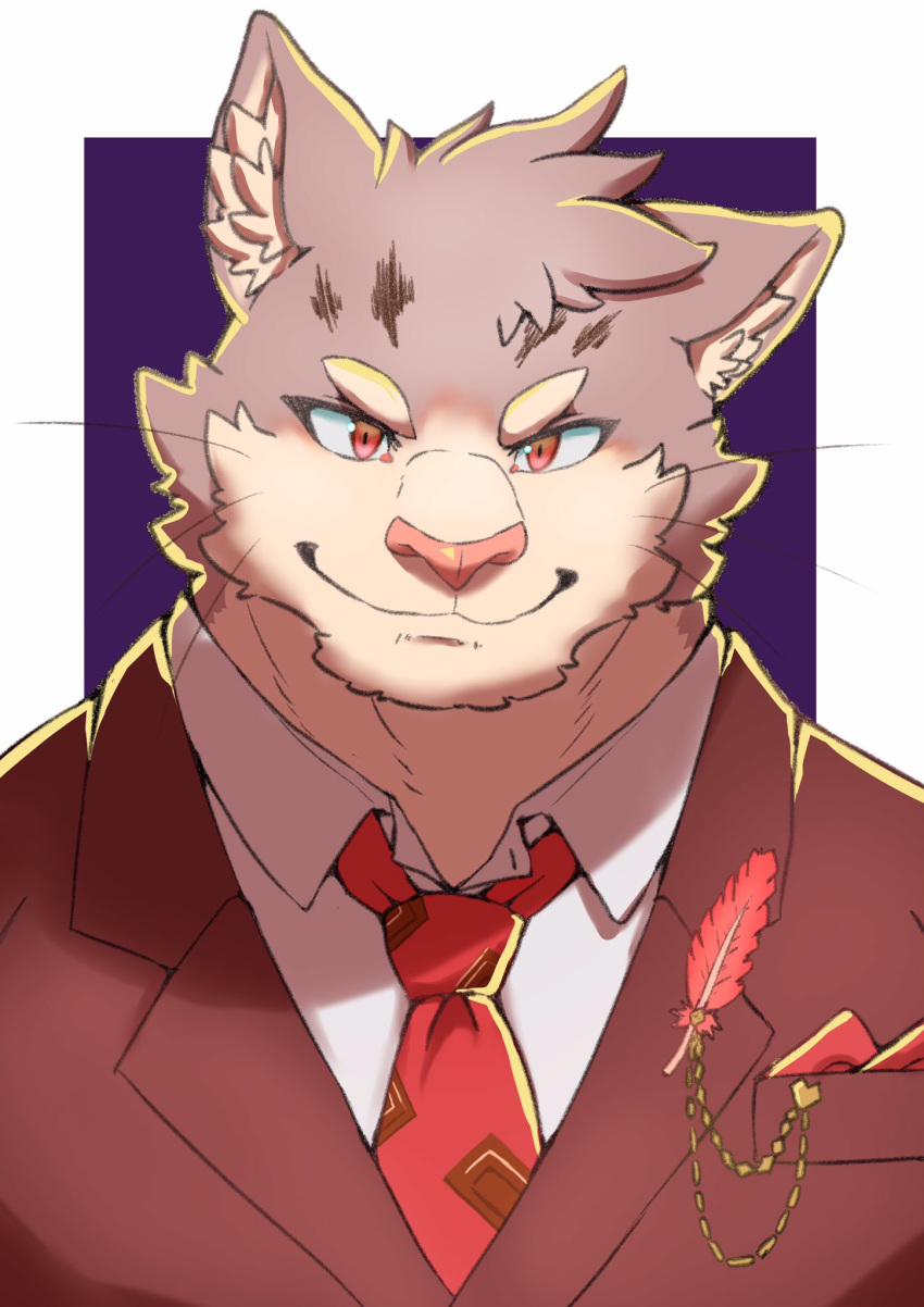 aged_up anthro clothed clothing domestic_cat dress_shirt felid feline felis fur grey_body grey_fur hi_res jacket looking_at_viewer loose_feather male mammal multicolored_body multicolored_fur necktie shirt simple_background sitri solo tokyo_afterschool_summoners topwear two_tone_body two_tone_fur video_games watoson whiskers white_body white_fur
