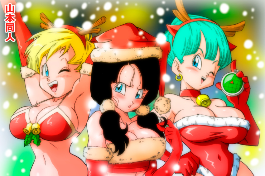 black_hair blonde_hair blue_eyes breasts bulma buruma christmas cleavage commentary dragon_ball dragon_ball_z earrings gloves ireza jewelry large_breasts long_hair looking_at_viewer multiple_girls open_mouth short_hair smile videl yamamoto_doujin