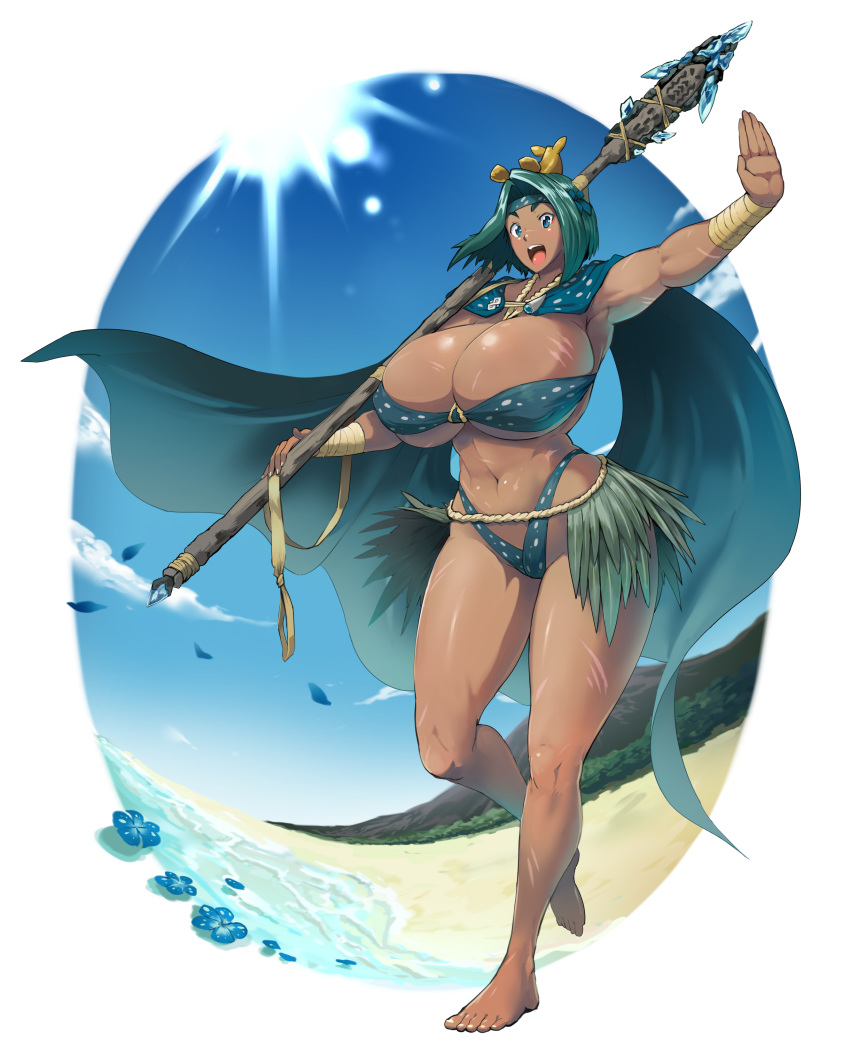 1girl absurdres barefoot beach blue_eyes breasts cape commentary_request crystal curvy dark_skin feet flower green_hair highres huge_breasts midriff navel open_mouth outstretched_arm petals pixiv_fantasia pixiv_fantasia_age_of_starlight polearm raised_eyebrows sasaki_tatsuya short_hair solo spear sunlight thick_thighs thighs toes weapon