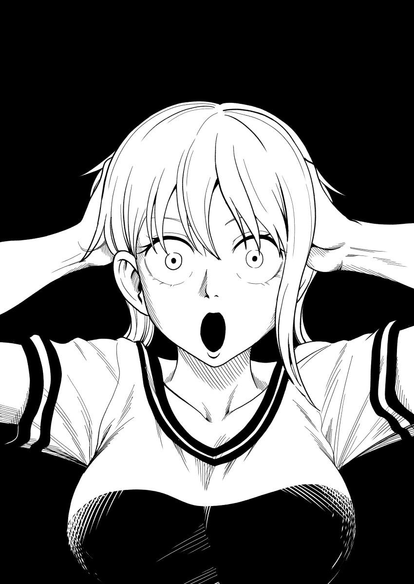 1girl :o absurdres black_background breasts collarbone commentary_request constricted_pupils hands_on_own_head highres large_breasts looking_at_viewer meme nami_(one_piece) one_piece open_mouth shirt shocked_black_guy_(meme) short_hair short_sleeves sidelocks simple_background solo standing straight-on tekkin_papa upper_body wide-eyed