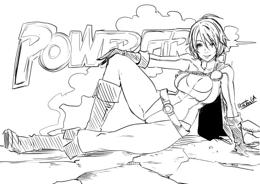 1girl breasts butcha-u cape cleavage cleavage_cutout commentary_request dc_comics gloves highleg highleg_leotard large_breasts leotard looking_at_viewer monochrome muscle muscular_female power_girl short_hair smile solo