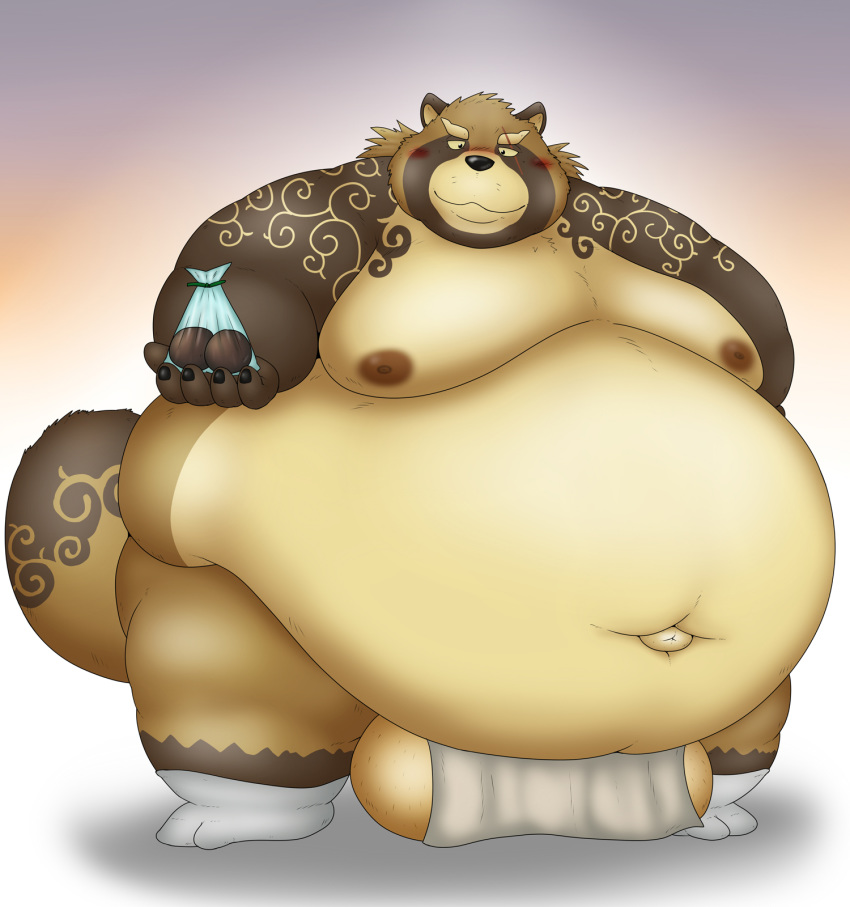 asian_clothing balls belly big_balls blush brown_body brown_fur burenai candy canid canine chocolate clothing east_asian_clothing food fundoshi fur genitals gyobu hi_res holidays humanoid_hands japanese_clothing kemono male mammal moobs navel nipples obese overweight overweight_male raccoon_dog scar simple_background tanuki tattoo tokyo_afterschool_summoners underwear valentine's_day video_games
