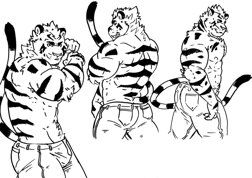 abs biceps clothed clothing felid hi_res husky92 line_art mammal manly monochrome muscular pantherine pecs sketch smile smirk tiger topless