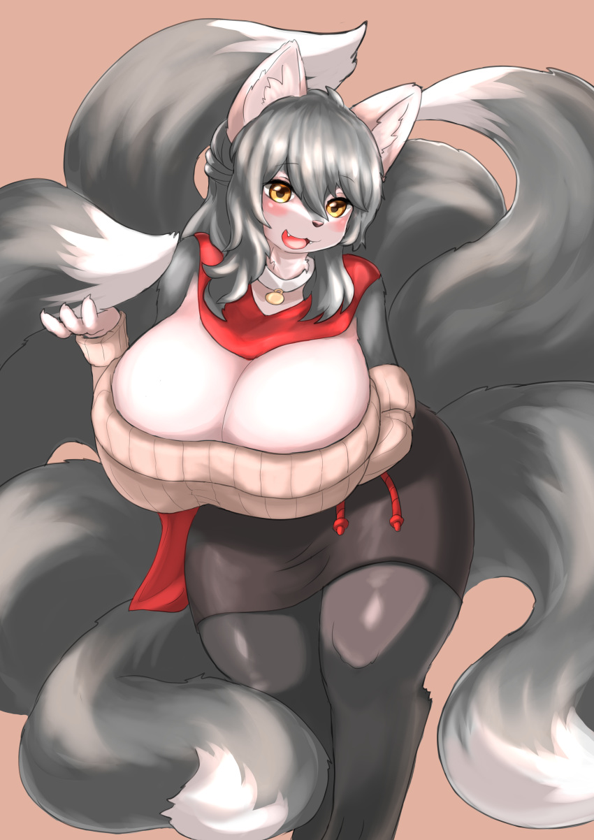 absurd_res anthro big_breasts blush bottomwear breasts canid canine cleavage clothed clothing collar countershading curvy_figure cute_fangs dipstick_tail female fox fully_clothed fur grey_body grey_fur grey_hair hair hi_res holding_tail huge_breasts inake looking_at_viewer mammal multi_tail multicolored_body multicolored_fur multicolored_tail open_mouth skirt smile solo standing sweater topwear two_tone_body two_tone_fur voluptuous white_body white_countershading white_fur wide_hips yellow_eyes