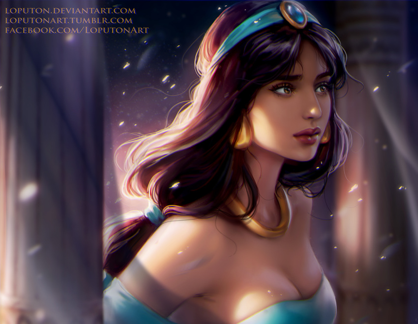 1girl aladdin_(disney) arabian_clothes bangs bare_shoulders black_hair blue_headwear breasts brown_hair cleavage dark_skin disney earrings jasmine_(disney) jewelry light_rays long_hair looking_to_the_side loputon medium_breasts necklace parted_bangs princess realistic solo sunbeam sunlight upper_body watermark web_address wind