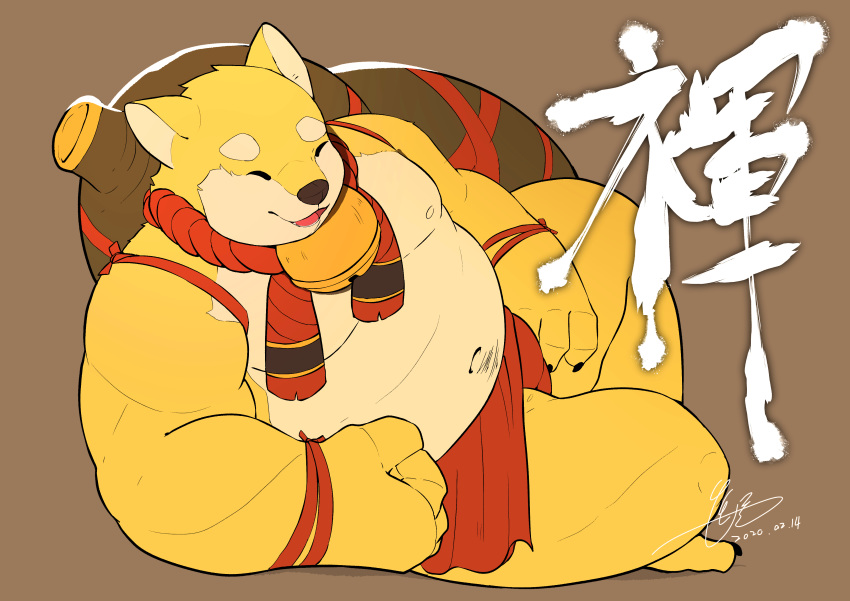 2020 absurd_res anthro asian_clothing belly canid canine canis clothing domestic_dog east_asian_clothing eyes_closed fundoshi hi_res japanese_clothing jmeo1230 kemono male mammal moobs navel nipples overweight overweight_male simple_background solo text underwear