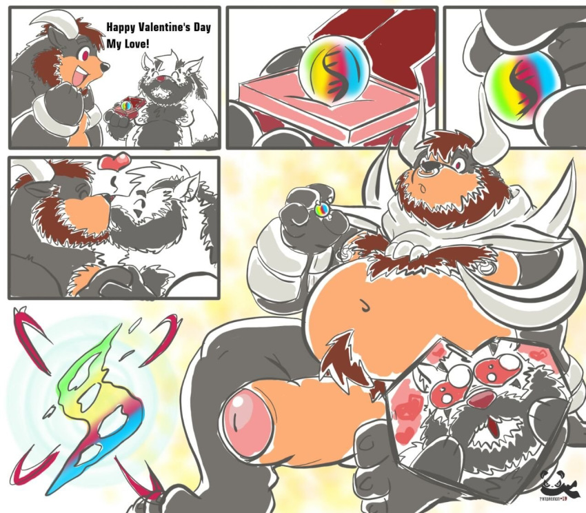 2020 anthro belly big_penis canid canine duo english_text eyes_closed genitals holiday_message holidays houndoom humanoid_hands kissing male male/male mammal mega_evolution mega_houndoom mightyena navel nintendo overweight overweight_male pandaemondx penis pok&eacute;mon pok&eacute;mon_(species) sitting text valentine's_day video_games