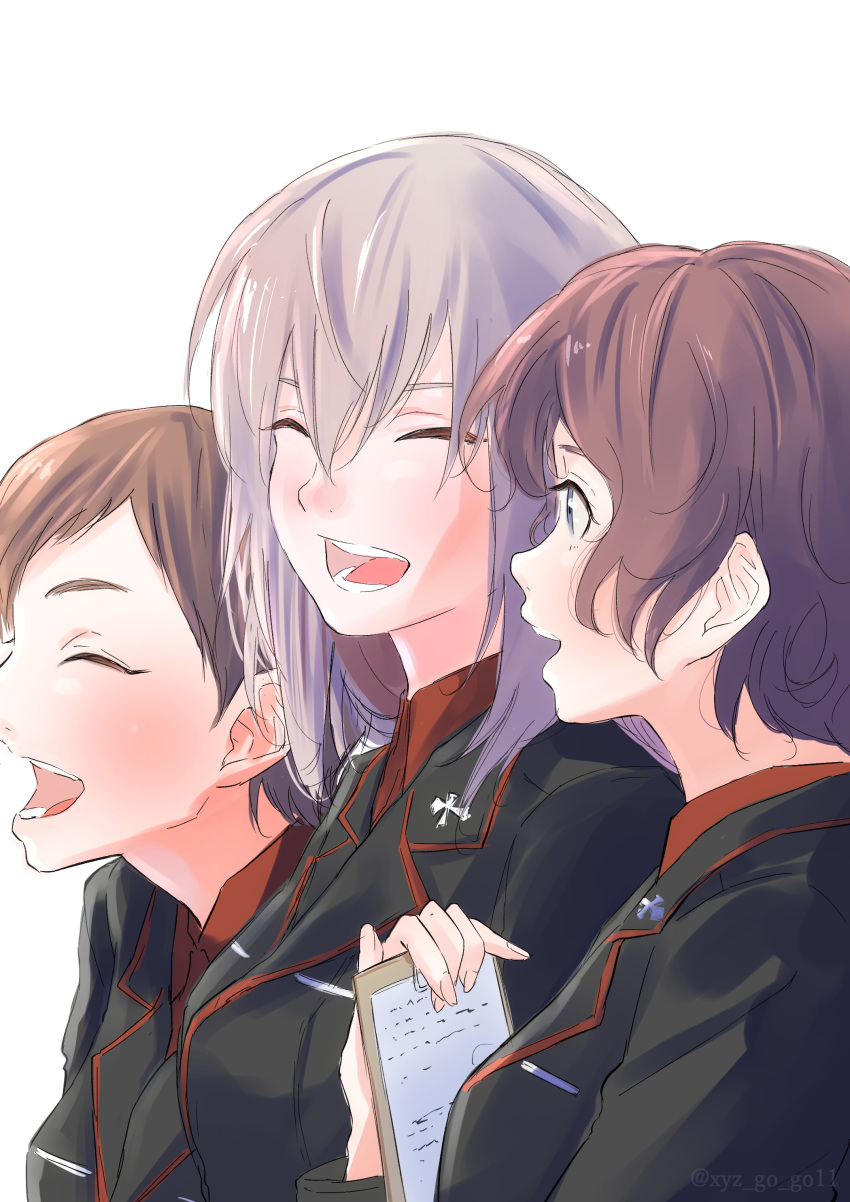 3girls absurdres akaboshi_koume artist_name black_eyes blush brown_hair closed_eyes girls_und_panzer grey_hair hair_between_eyes highres itsumi_erika kojima_emi kuromorimine_military_uniform laughing long_hair multiple_girls multiple_views oze_(xyz_go_go11) short_hair twitter_username upper_body white_background