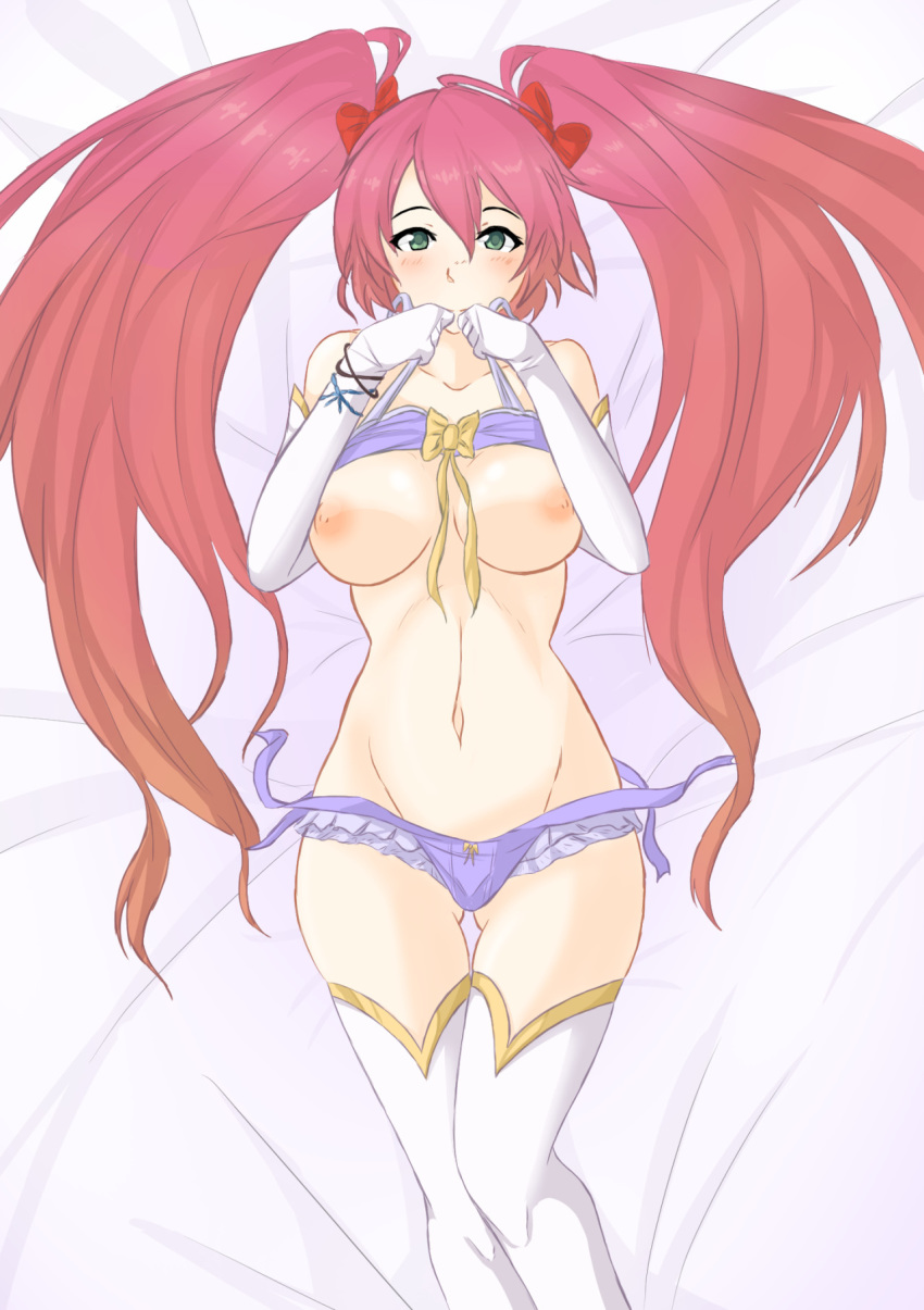 1girl areolae ass_visible_through_thighs bed_sheet blush bow breasts collarbone covering_mouth curvy facing_viewer gloves green_eyes hair_between_eyes highres long_hair looking_at_viewer lying medium_breasts mushihime-sama navel nipples on_back partially_undressed pink_hair pulling reco ribbon simple_background solo thighhighs thighs tridisart twintails undressing very_long_hair wide_hips