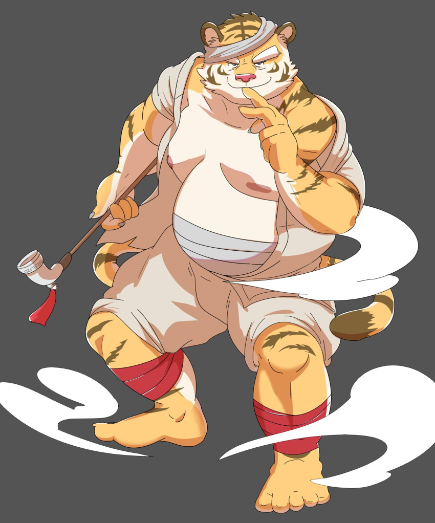 2017 anthro beakbum belly bottomwear clothing felid hi_res humanoid_hands kemono male mammal moobs nipples overweight overweight_male pantherine shirt shorts simple_background solo tiger topwear