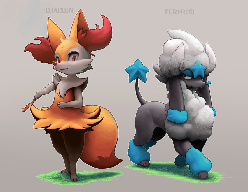 black_eyes braixen brown_eyes character_name commentary_request creature dog full_body furfrou furfrou_star_trim gen_6_pokemon grass grey_background holding holding_stick lyc no_humans pokemon pokemon_(creature) simple_background stick
